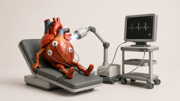 Ilustração 3D de um coração personificado deitado em uma maca durante um check-up cardiológico completo