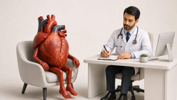 Ilustração 3D de um coração personificado sentado em frente ao médico durante uma consulta cardiológica