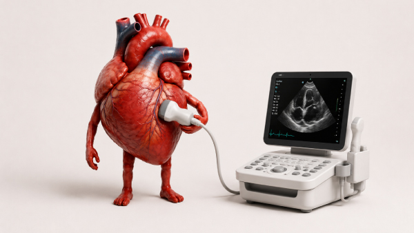 Ilustração 3D de um coração personificado realizando um ecocardiograma transtorácico com o transdutor de ultrassom