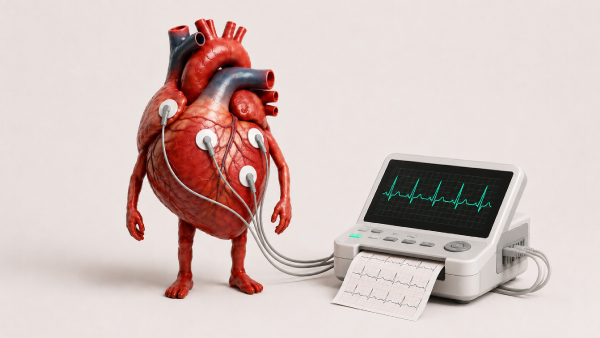 Ilustração 3D de um coração personificado conectado a um aparelho de eletrocardiograma, exibindo o traçado dos batimentos