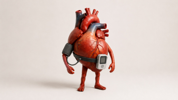 Ilustração 3D de um coração personificado usando o aparelho de MAPA, com o manguito de pressão arterial no braço