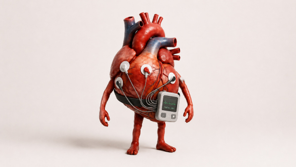 Ilustração 3D de um coração personificado usando o monitor portátil do Holter 24 horas, com eletrodos conectados ao peito