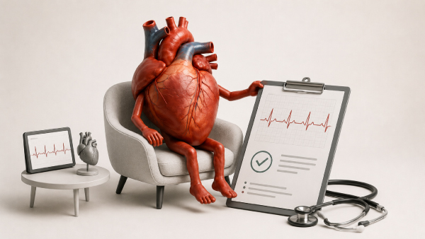 Ilustração 3D de um coração personificado sentado em uma poltrona revisando um parecer cardiológico em prancheta
