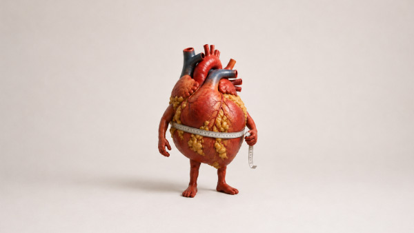Ilustração 3D de um coração personificado medindo a própria cintura com fita métrica
