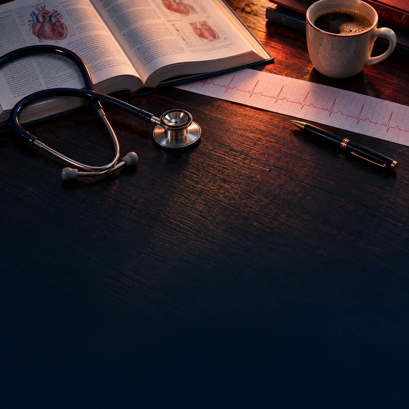 Mesa de consultório com estetoscópio, livro aberto e traçado de eletrocardiograma