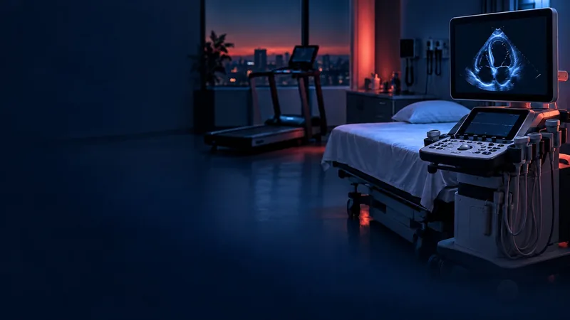 Sala de exames cardiológicos com aparelho de ecocardiograma