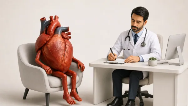 Ilustração 3D de um coração personificado sentado em frente ao médico durante uma consulta cardiológica
