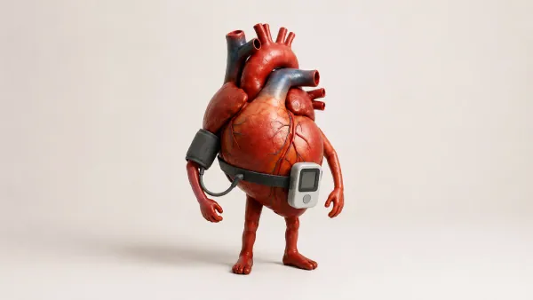 Ilustração 3D de um coração personificado usando o aparelho de MAPA no braço