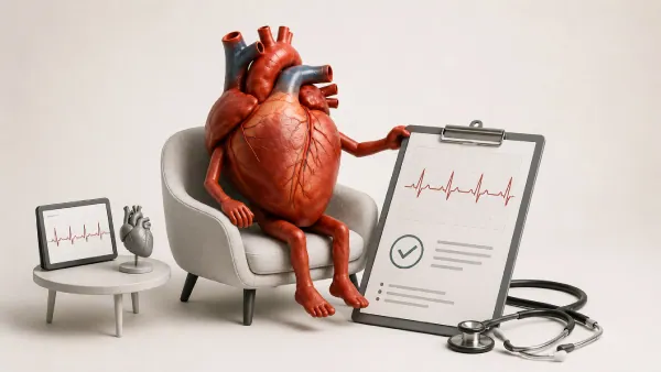 Ilustração 3D de um coração personificado revisando um parecer cardiológico em prancheta