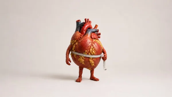 Ilustração 3D de um coração personificado medindo a própria cintura com fita métrica